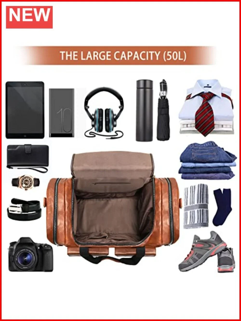 Large PU Leather Travel Duffel Bag with Shoe Compartment, Waterproof Weekender